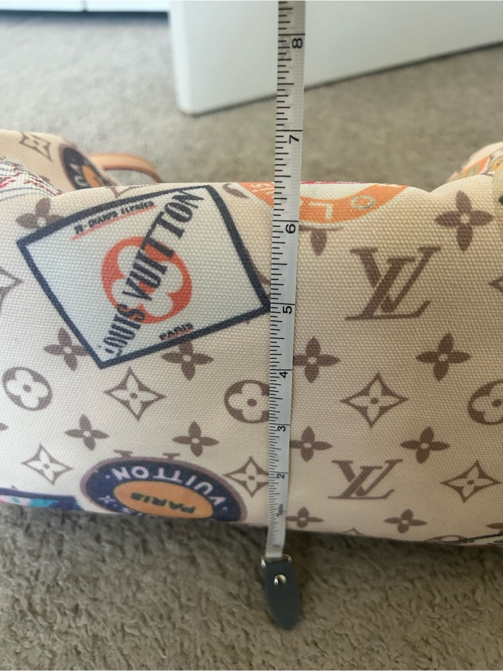 Beige Monogram Travel Patch Satchel with Blue Tag and Pink Straps - Picture 12 of 14